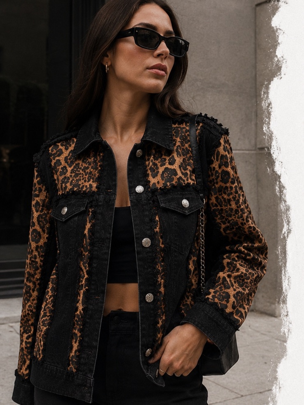 A.Z.I New York Black Raw Raw Edge Denim Leopard Print Women's Jacket